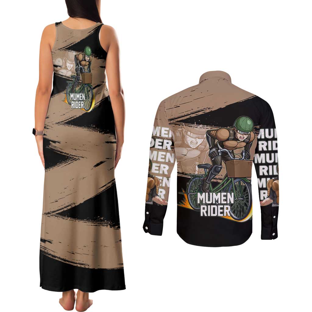 Mumen Rider One Punch Man Anime Brown and Black Couples Matching Tank Maxi Dress and Long Sleeve Button Shirt with Bicycle Hero Pose and Inspirational Determination Design - The Mazicc