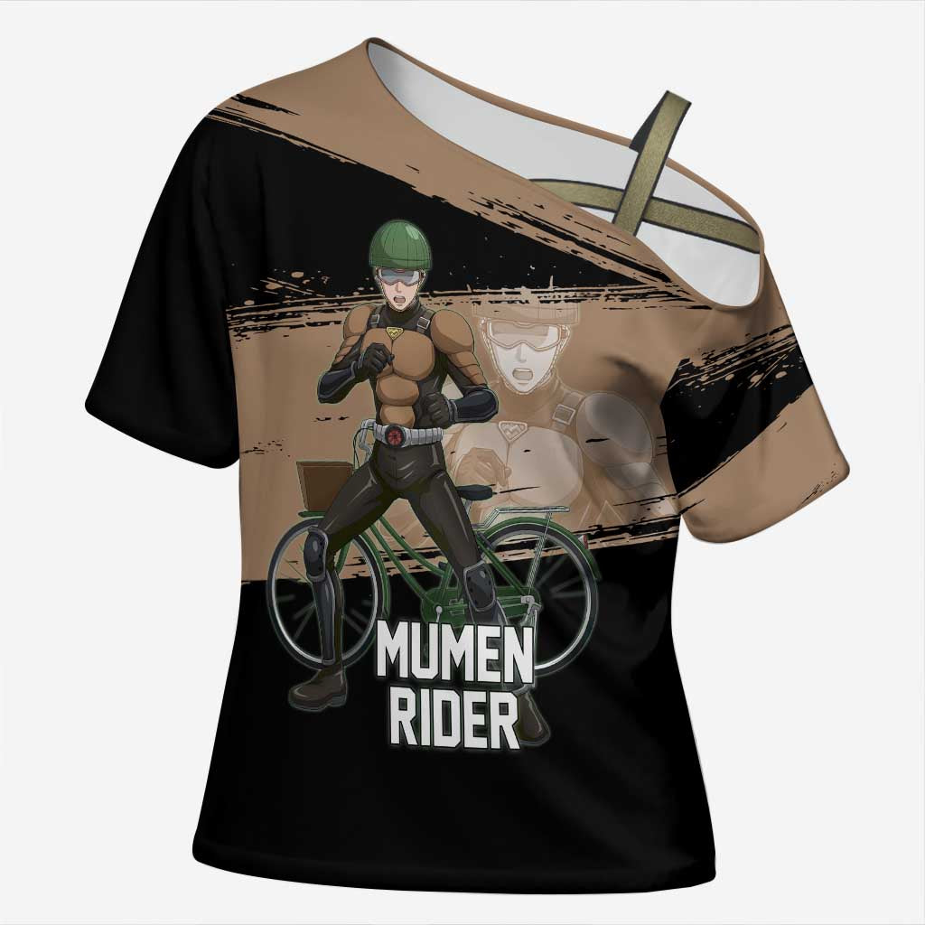 Mumen Rider One Punch Man Anime Brown and Black Cross Shoulder Shirt with Bicycle Hero Pose and Inspirational Determination Design - The Mazicc