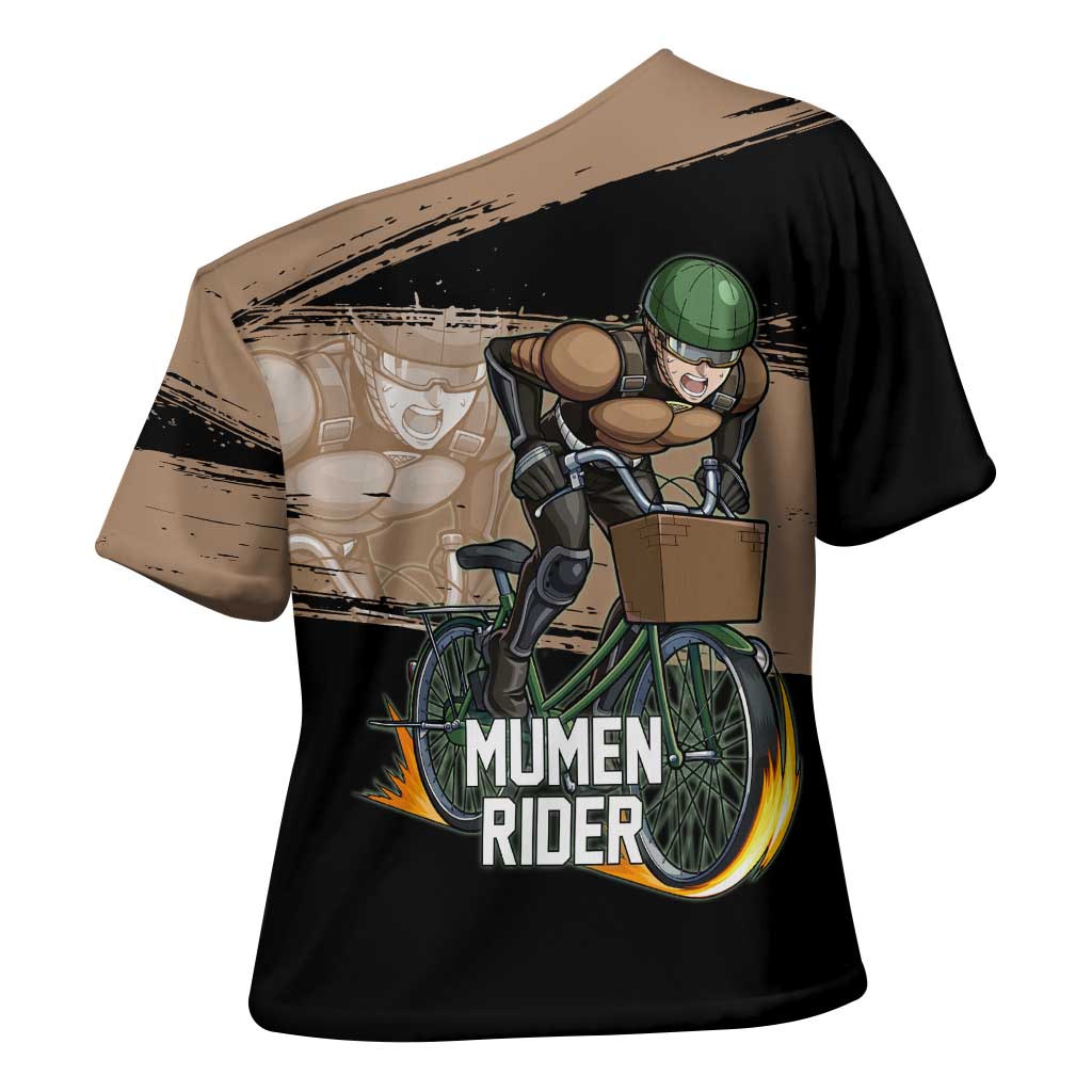 Mumen Rider One Punch Man Anime Brown and Black Cross Shoulder Shirt with Bicycle Hero Pose and Inspirational Determination Design - The Mazicc