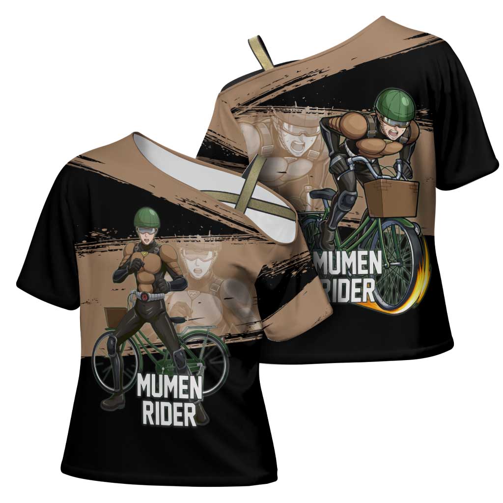 Mumen Rider One Punch Man Anime Brown and Black Cross Shoulder Shirt with Bicycle Hero Pose and Inspirational Determination Design - The Mazicc