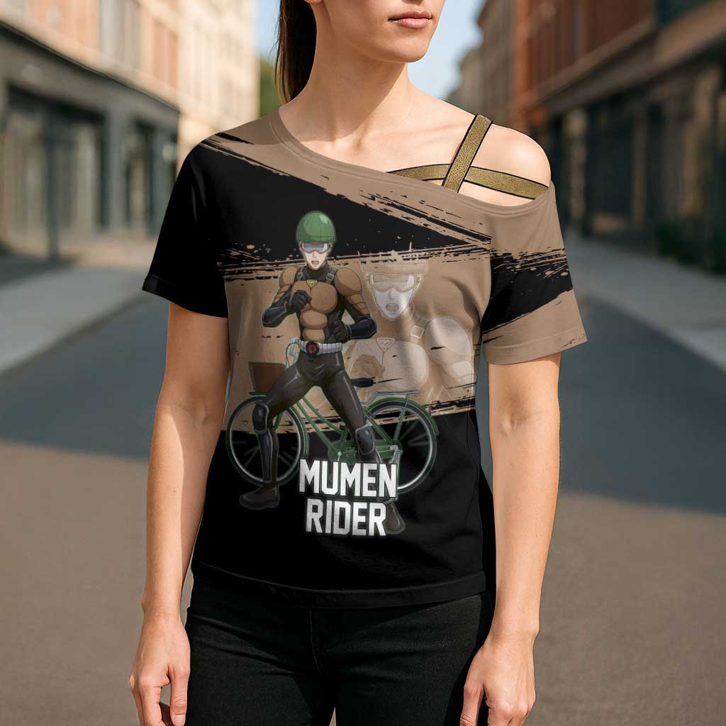 Mumen Rider One Punch Man Anime Brown and Black Cross Shoulder Shirt with Bicycle Hero Pose and Inspirational Determination Design - The Mazicc