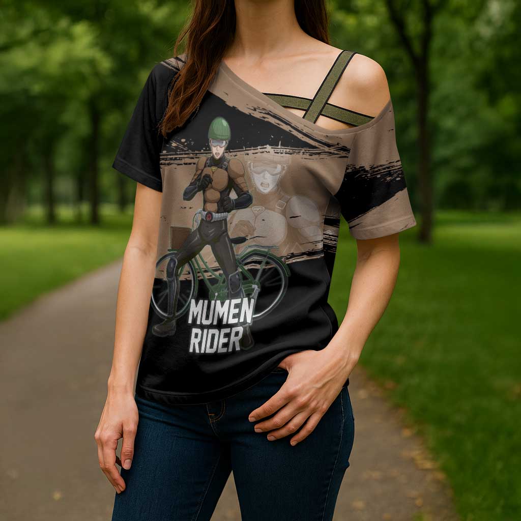 Mumen Rider One Punch Man Anime Brown and Black Cross Shoulder Shirt with Bicycle Hero Pose and Inspirational Determination Design - The Mazicc