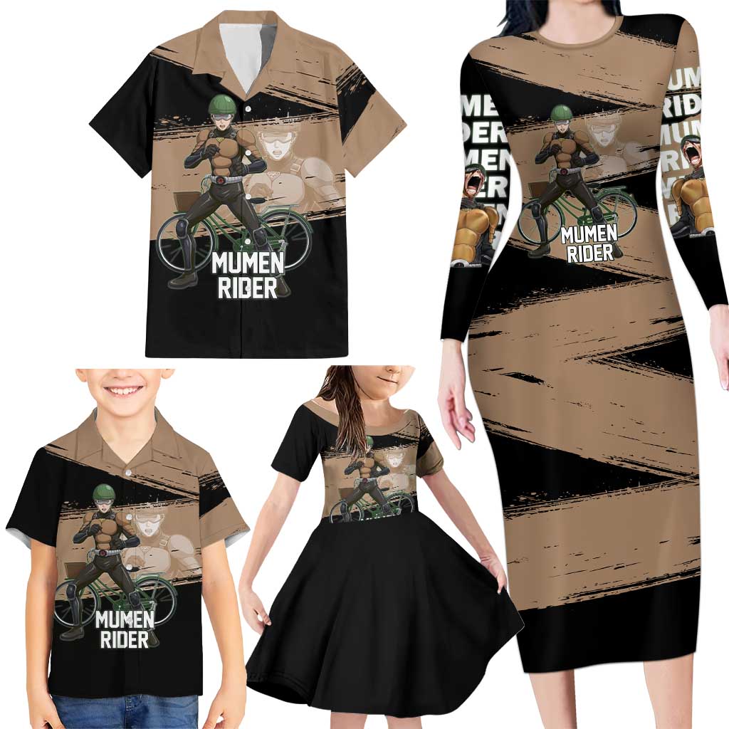 Mumen Rider One Punch Man Anime Brown and Black Family Matching Long Sleeve Bodycon Dress and Hawaiian Shirt with Bicycle Hero Pose and Inspirational Determination Design