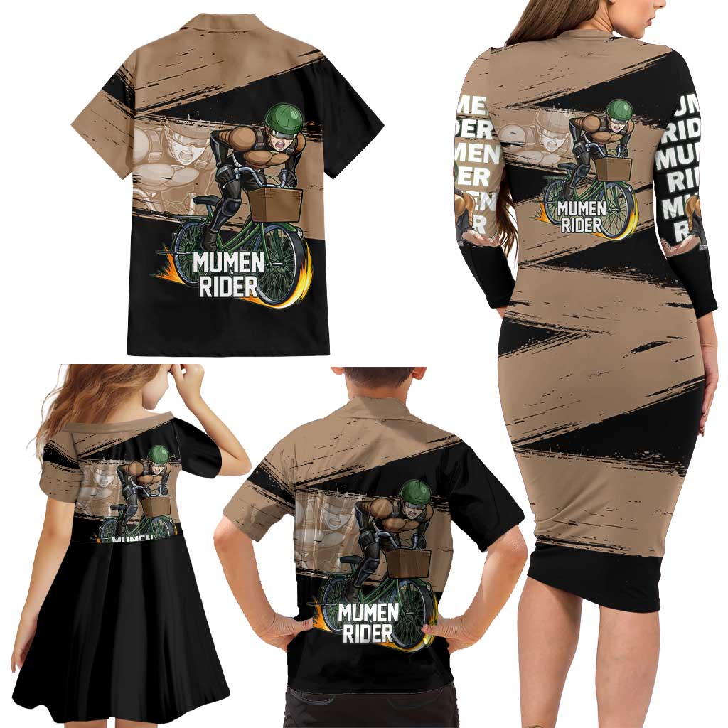 Mumen Rider One Punch Man Anime Brown and Black Family Matching Long Sleeve Bodycon Dress and Hawaiian Shirt with Bicycle Hero Pose and Inspirational Determination Design