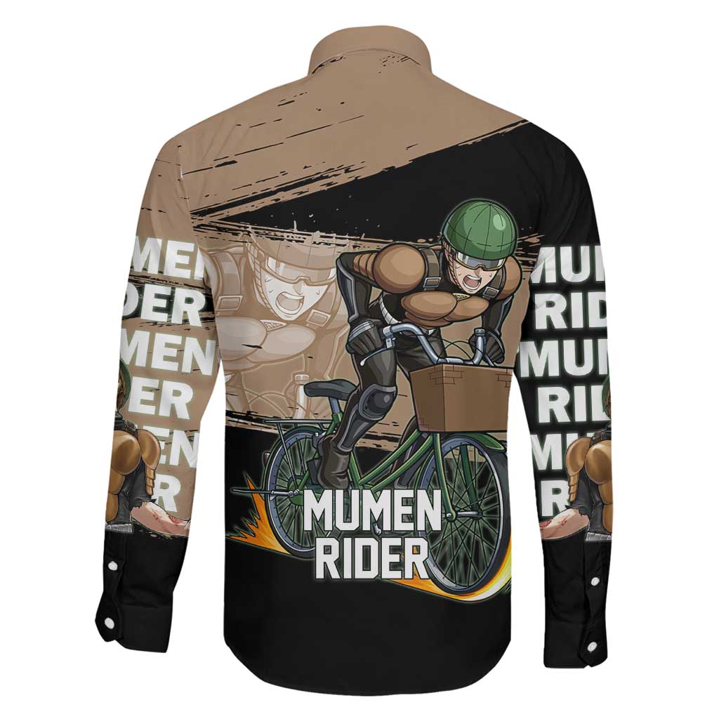 Mumen Rider One Punch Man Anime Brown and Black Family Matching Long Sleeve Bodycon Dress and Hawaiian Shirt with Bicycle Hero Pose and Inspirational Determination Design