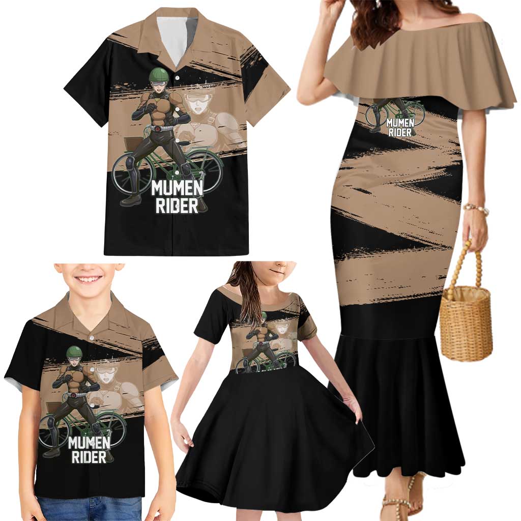 Mumen Rider One Punch Man Anime Brown and Black Family Matching Mermaid Dress and Hawaiian Shirt with Bicycle Hero Pose and Inspirational Determination Design