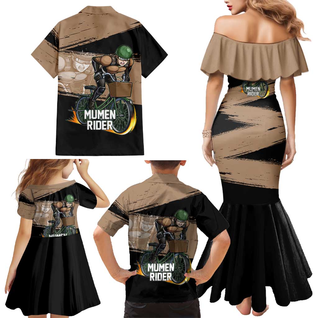 Mumen Rider One Punch Man Anime Brown and Black Family Matching Mermaid Dress and Hawaiian Shirt with Bicycle Hero Pose and Inspirational Determination Design