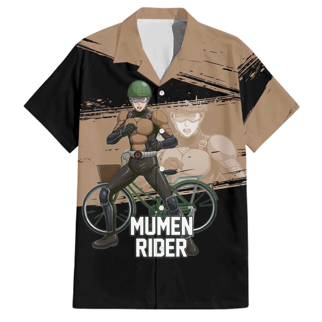 Mumen Rider One Punch Man Anime Brown and Black Family Matching Mermaid Dress and Hawaiian Shirt with Bicycle Hero Pose and Inspirational Determination Design