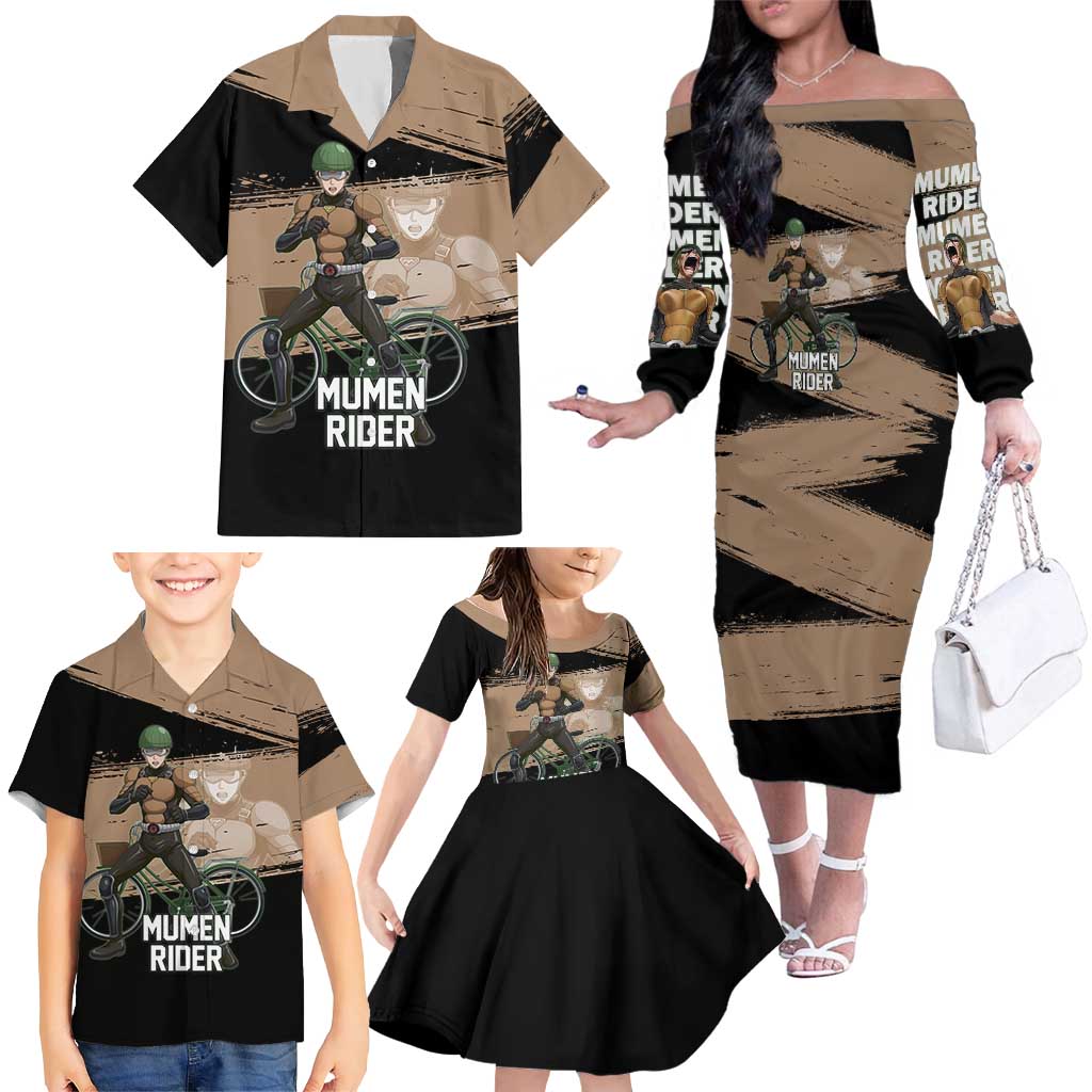 Mumen Rider One Punch Man Anime Brown and Black Family Matching Off The Shoulder Long Sleeve Dress and Hawaiian Shirt with Bicycle Hero Pose and Inspirational Determination Design