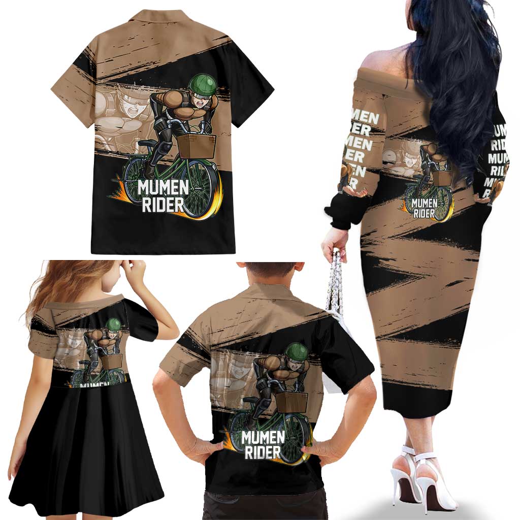 Mumen Rider One Punch Man Anime Brown and Black Family Matching Off The Shoulder Long Sleeve Dress and Hawaiian Shirt with Bicycle Hero Pose and Inspirational Determination Design