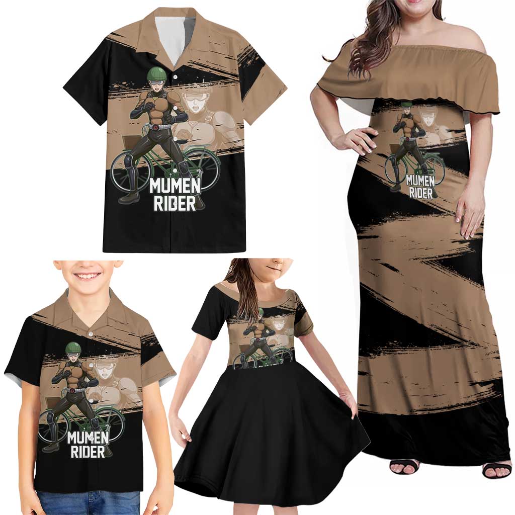 Mumen Rider One Punch Man Anime Brown and Black Family Matching Off Shoulder Maxi Dress and Hawaiian Shirt with Bicycle Hero Pose and Inspirational Determination Design