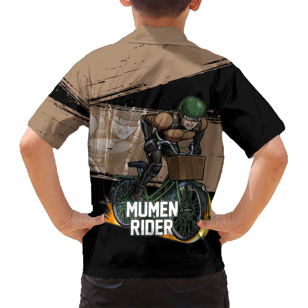 Mumen Rider One Punch Man Anime Brown and Black Family Matching Off Shoulder Maxi Dress and Hawaiian Shirt with Bicycle Hero Pose and Inspirational Determination Design