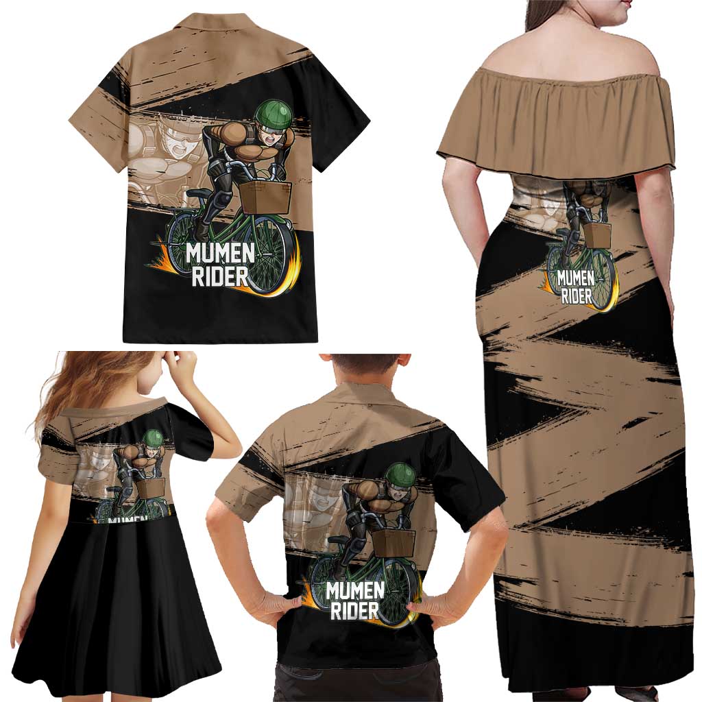 Mumen Rider One Punch Man Anime Brown and Black Family Matching Off Shoulder Maxi Dress and Hawaiian Shirt with Bicycle Hero Pose and Inspirational Determination Design