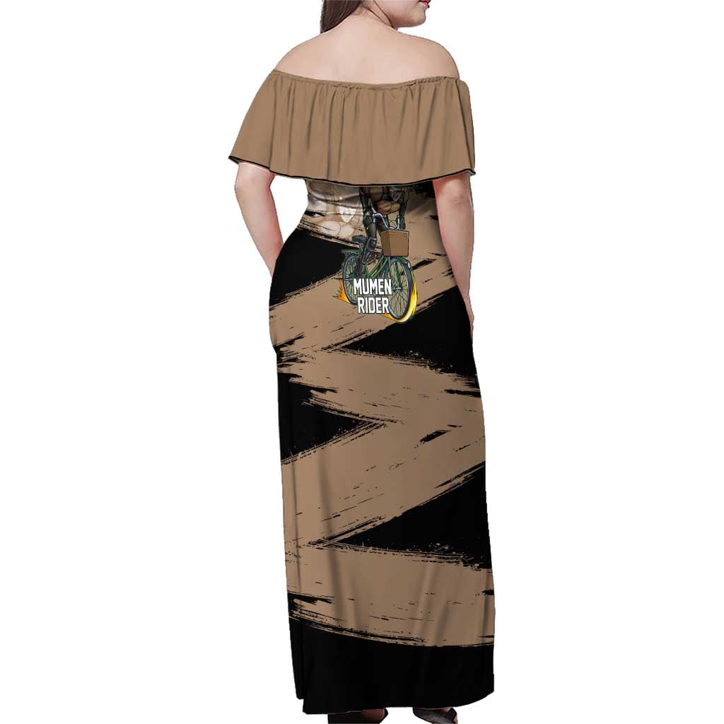 Mumen Rider One Punch Man Anime Brown and Black Family Matching Off Shoulder Maxi Dress and Hawaiian Shirt with Bicycle Hero Pose and Inspirational Determination Design
