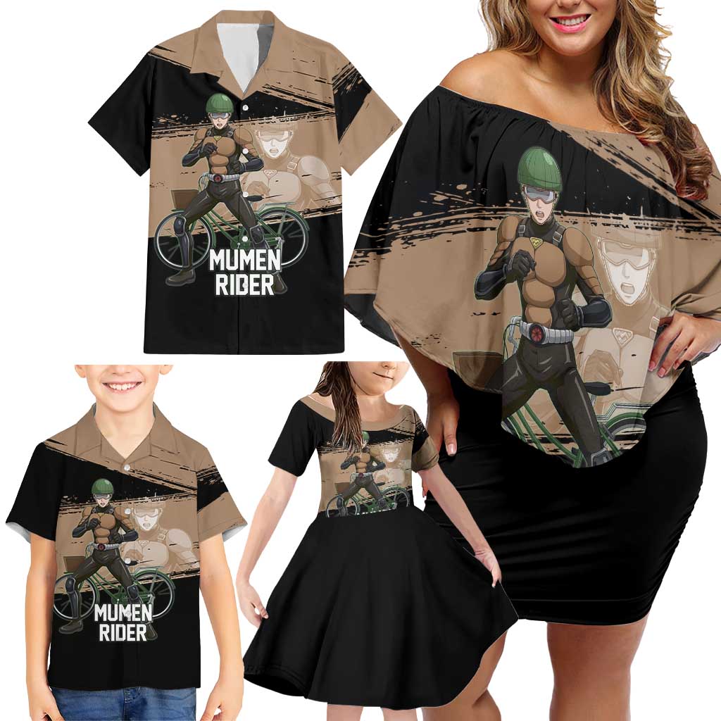 Mumen Rider One Punch Man Anime Brown and Black Family Matching Off Shoulder Short Dress and Hawaiian Shirt with Bicycle Hero Pose and Inspirational Determination Design