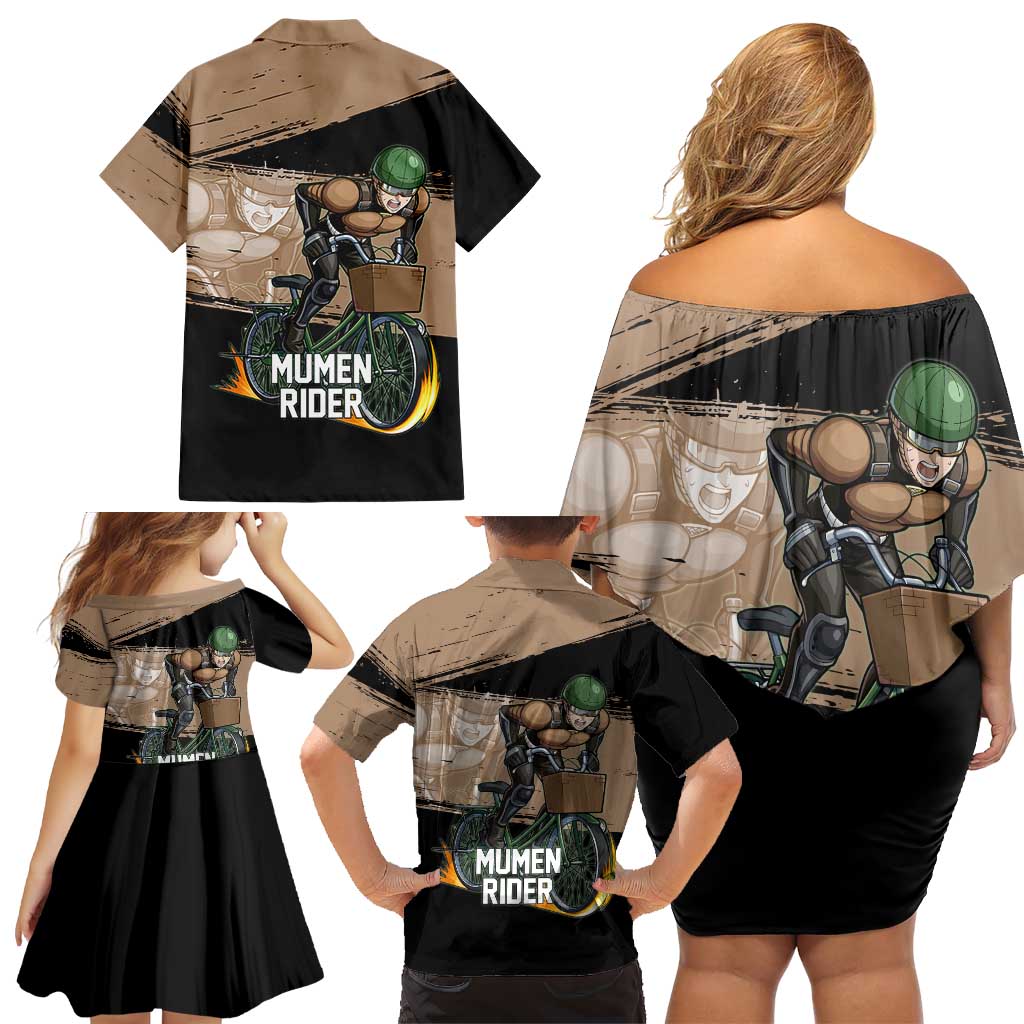 Mumen Rider One Punch Man Anime Brown and Black Family Matching Off Shoulder Short Dress and Hawaiian Shirt with Bicycle Hero Pose and Inspirational Determination Design