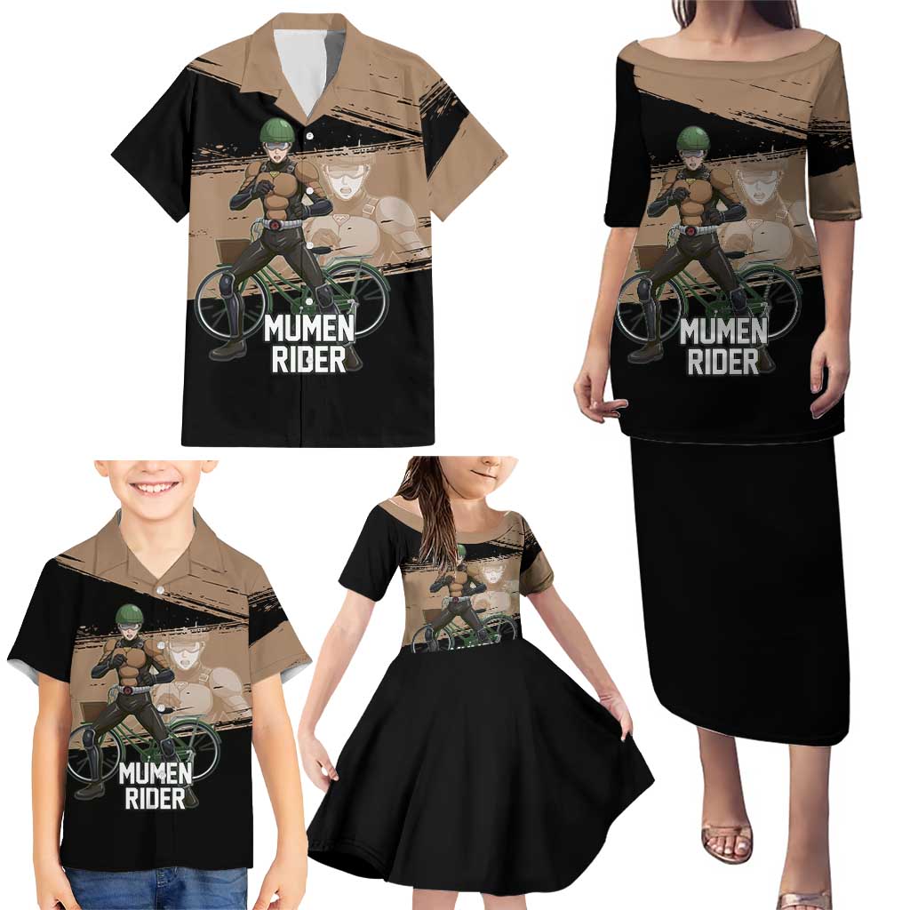 Mumen Rider One Punch Man Anime Brown and Black Family Matching Puletasi and Hawaiian Shirt with Bicycle Hero Pose and Inspirational Determination Design