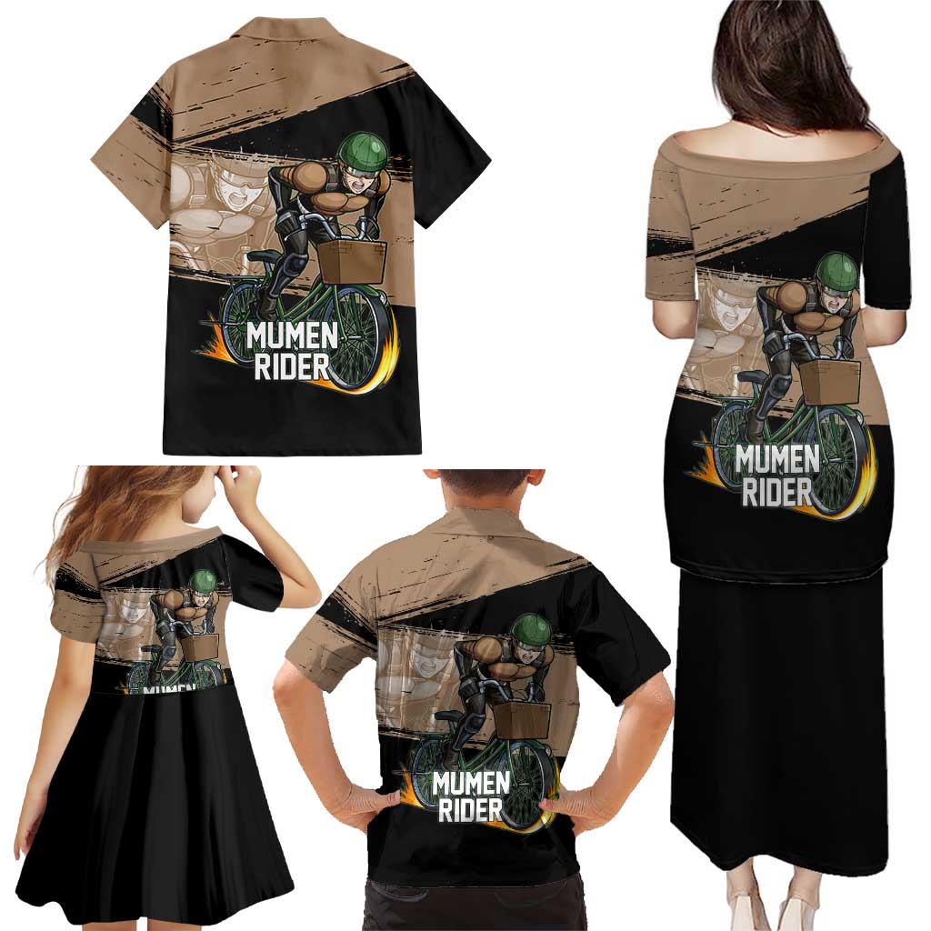 Mumen Rider One Punch Man Anime Brown and Black Family Matching Puletasi and Hawaiian Shirt with Bicycle Hero Pose and Inspirational Determination Design