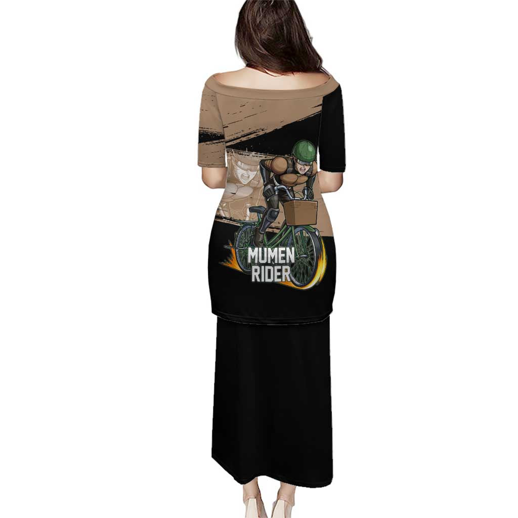 Mumen Rider One Punch Man Anime Brown and Black Family Matching Puletasi and Hawaiian Shirt with Bicycle Hero Pose and Inspirational Determination Design