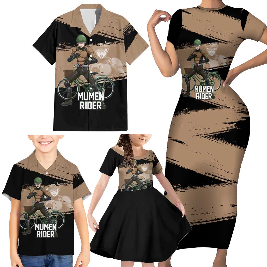 Mumen Rider One Punch Man Anime Brown and Black Family Matching Short Sleeve Bodycon Dress and Hawaiian Shirt with Bicycle Hero Pose and Inspirational Determination Design