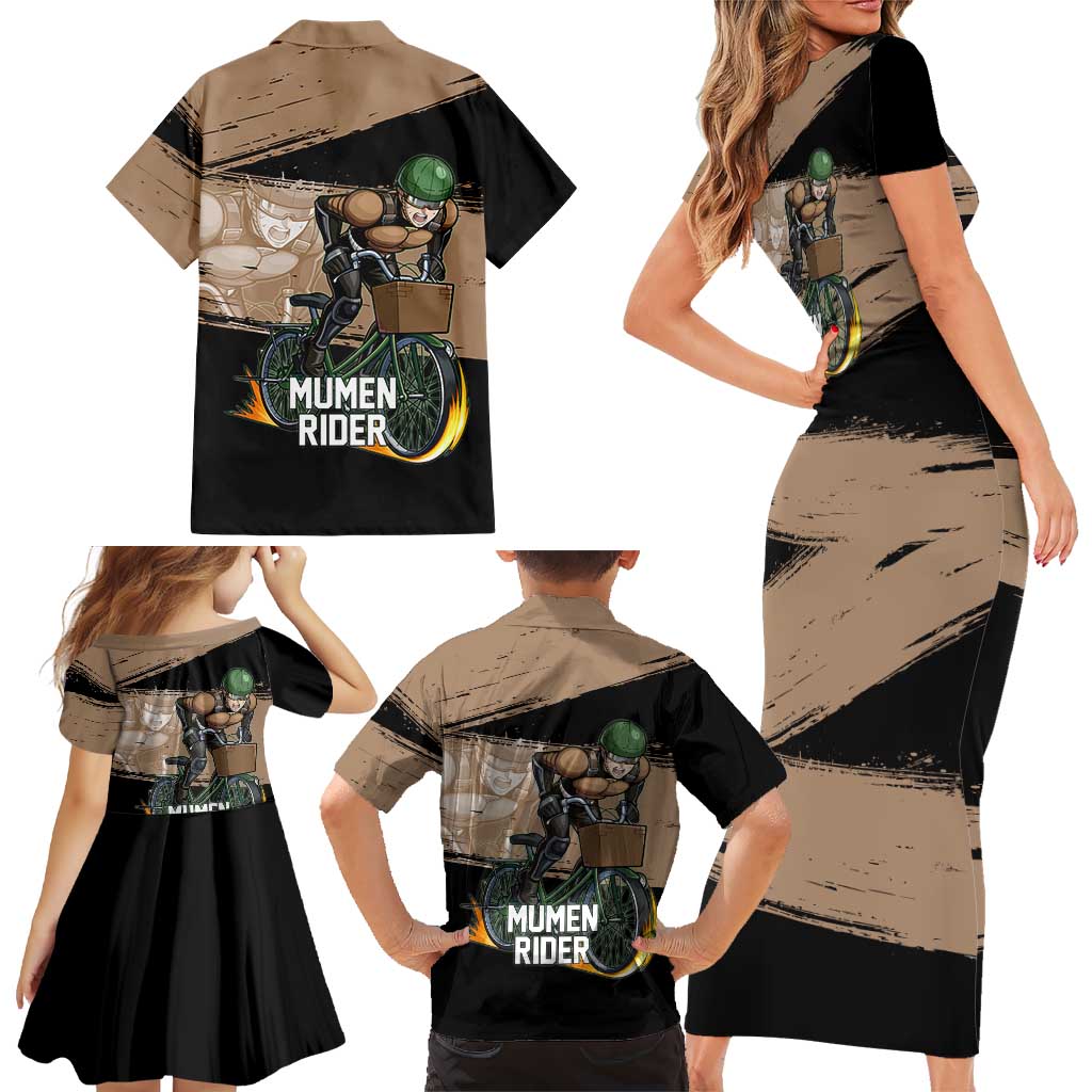 Mumen Rider One Punch Man Anime Brown and Black Family Matching Short Sleeve Bodycon Dress and Hawaiian Shirt with Bicycle Hero Pose and Inspirational Determination Design