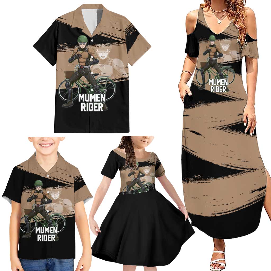 Mumen Rider One Punch Man Anime Brown and Black Family Matching Summer Maxi Dress and Hawaiian Shirt with Bicycle Hero Pose and Inspirational Determination Design