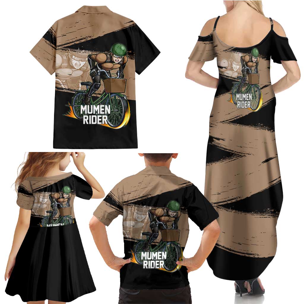 Mumen Rider One Punch Man Anime Brown and Black Family Matching Summer Maxi Dress and Hawaiian Shirt with Bicycle Hero Pose and Inspirational Determination Design