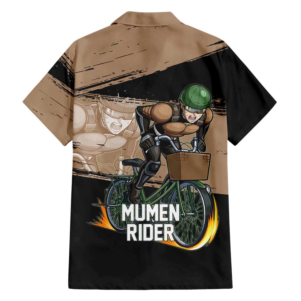 Mumen Rider One Punch Man Anime Brown and Black Family Matching Summer Maxi Dress and Hawaiian Shirt with Bicycle Hero Pose and Inspirational Determination Design
