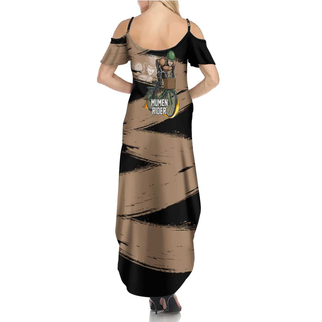 Mumen Rider One Punch Man Anime Brown and Black Family Matching Summer Maxi Dress and Hawaiian Shirt with Bicycle Hero Pose and Inspirational Determination Design