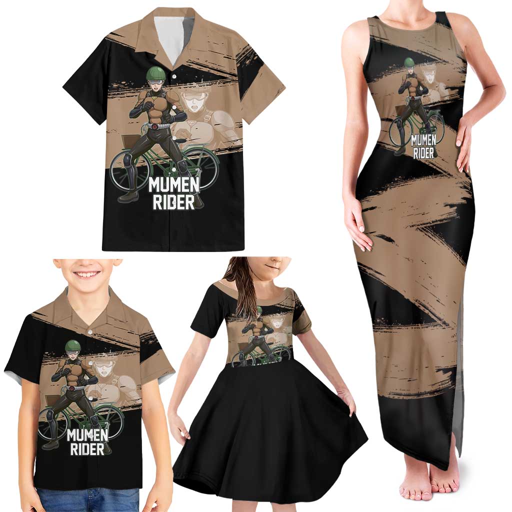 Mumen Rider One Punch Man Anime Brown and Black Family Matching Tank Maxi Dress and Hawaiian Shirt with Bicycle Hero Pose and Inspirational Determination Design