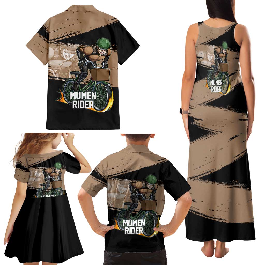 Mumen Rider One Punch Man Anime Brown and Black Family Matching Tank Maxi Dress and Hawaiian Shirt with Bicycle Hero Pose and Inspirational Determination Design