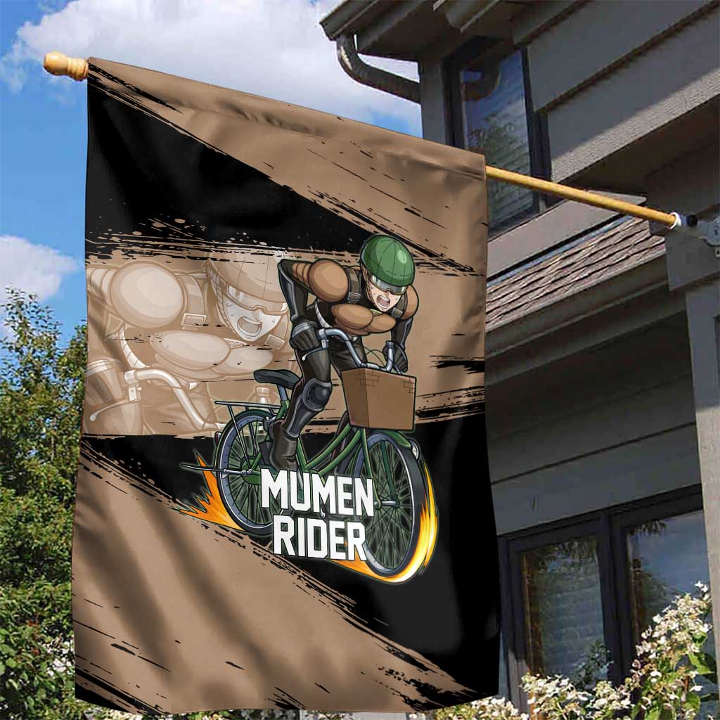 Mumen Rider One Punch Man Anime Brown and Black Garden Flag with Bicycle Hero Pose and Inspirational Determination Design - The Mazicc