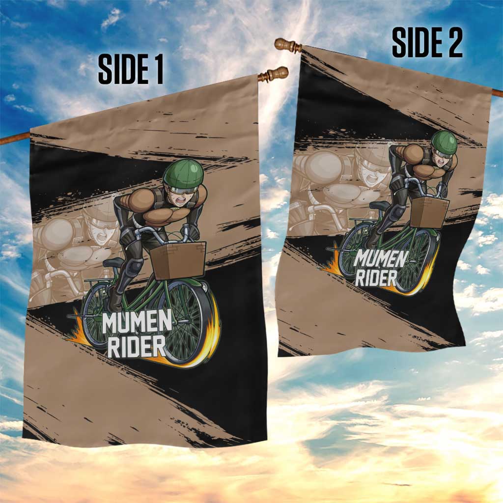Mumen Rider One Punch Man Anime Brown and Black Garden Flag with Bicycle Hero Pose and Inspirational Determination Design - The Mazicc