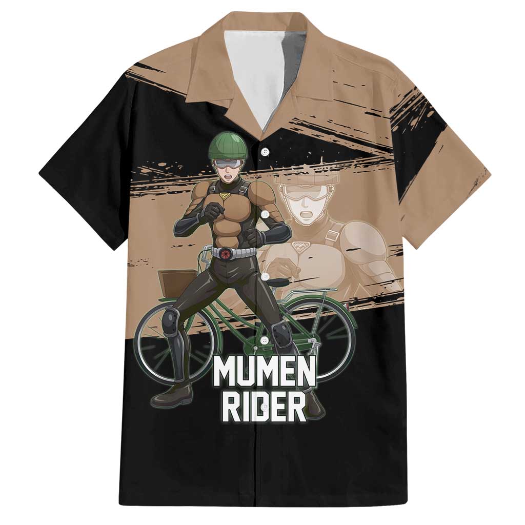 Mumen Rider One Punch Man Anime Brown and Black Hawaiian Shirt with Bicycle Hero Pose and Inspirational Determination Design - The Mazicc