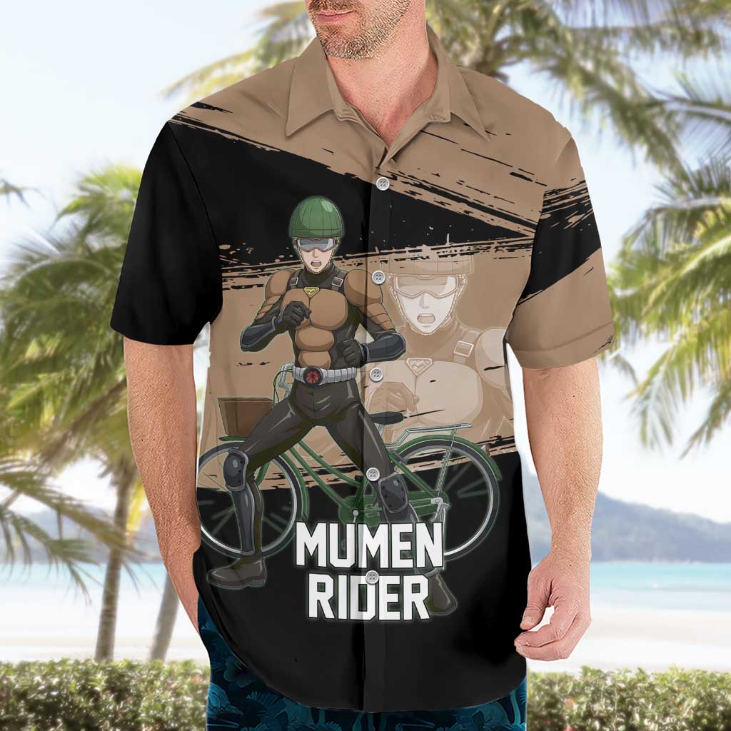 Mumen Rider One Punch Man Anime Brown and Black Hawaiian Shirt with Bicycle Hero Pose and Inspirational Determination Design - The Mazicc