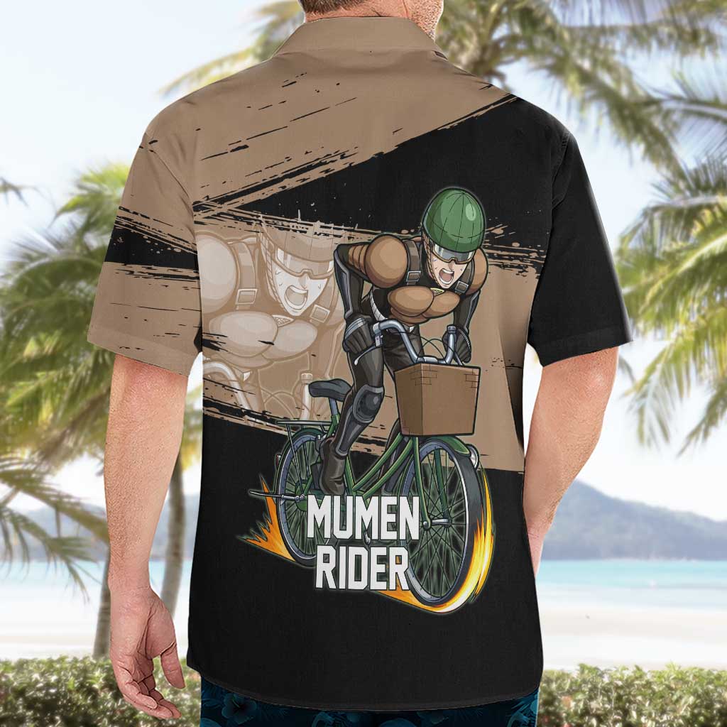 Mumen Rider One Punch Man Anime Brown and Black Hawaiian Shirt with Bicycle Hero Pose and Inspirational Determination Design - The Mazicc