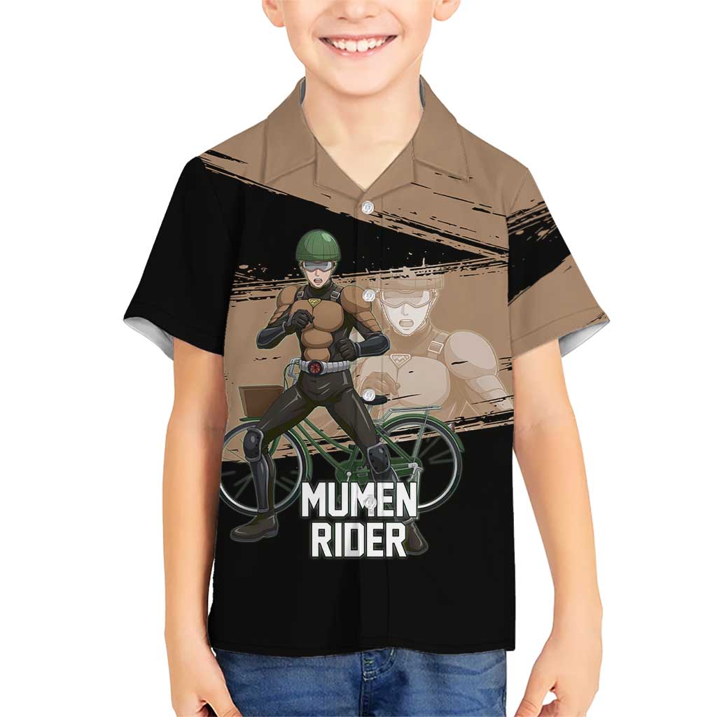 Mumen Rider One Punch Man Anime Brown and Black Hawaiian Shirt with Bicycle Hero Pose and Inspirational Determination Design - The Mazicc