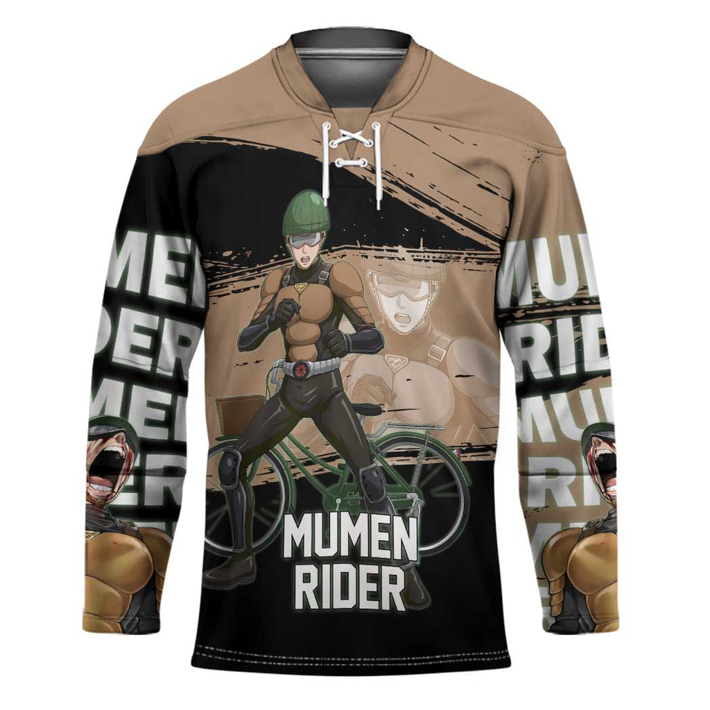Mumen Rider One Punch Man Anime Brown and Black Hockey Jersey with Bicycle Hero Pose and Inspirational Determination Design - The Mazicc