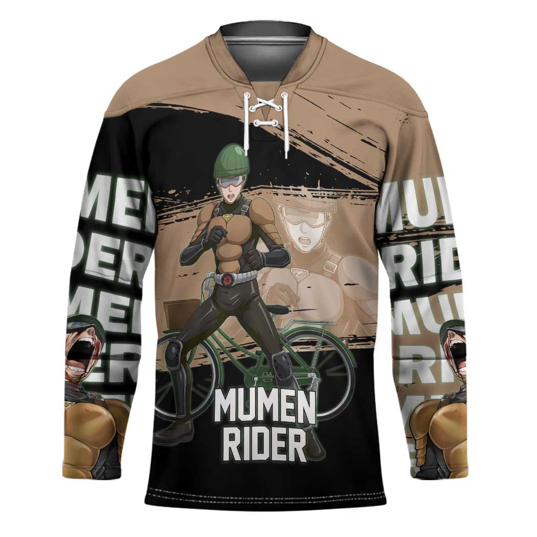 Mumen Rider One Punch Man Anime Brown and Black Hockey Jersey with Bicycle Hero Pose and Inspirational Determination Design - The Mazicc