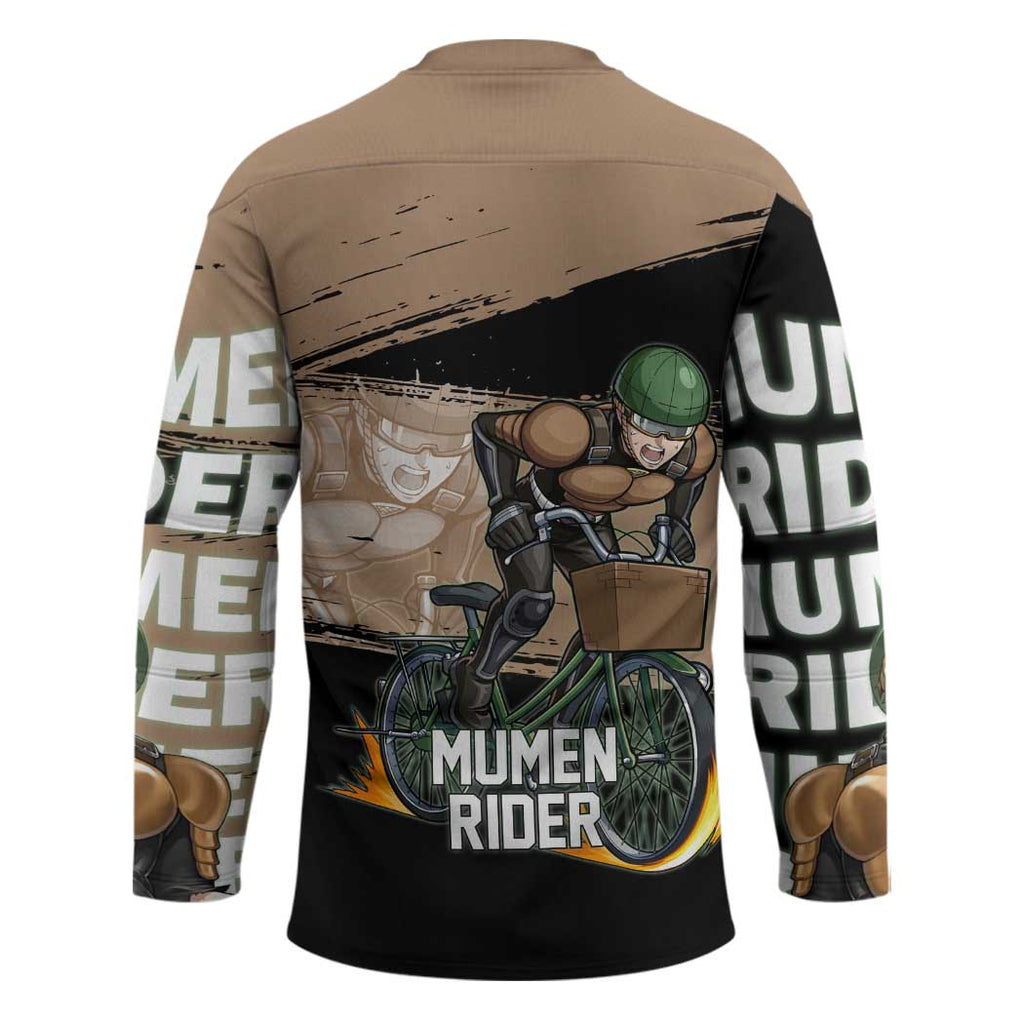 Mumen Rider One Punch Man Anime Brown and Black Hockey Jersey with Bicycle Hero Pose and Inspirational Determination Design - The Mazicc