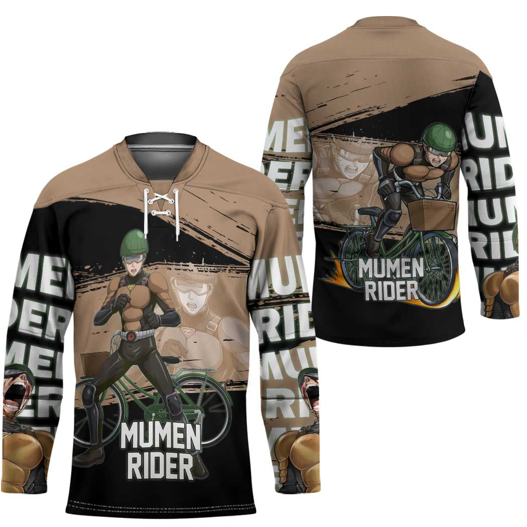 Mumen Rider One Punch Man Anime Brown and Black Hockey Jersey with Bicycle Hero Pose and Inspirational Determination Design - The Mazicc