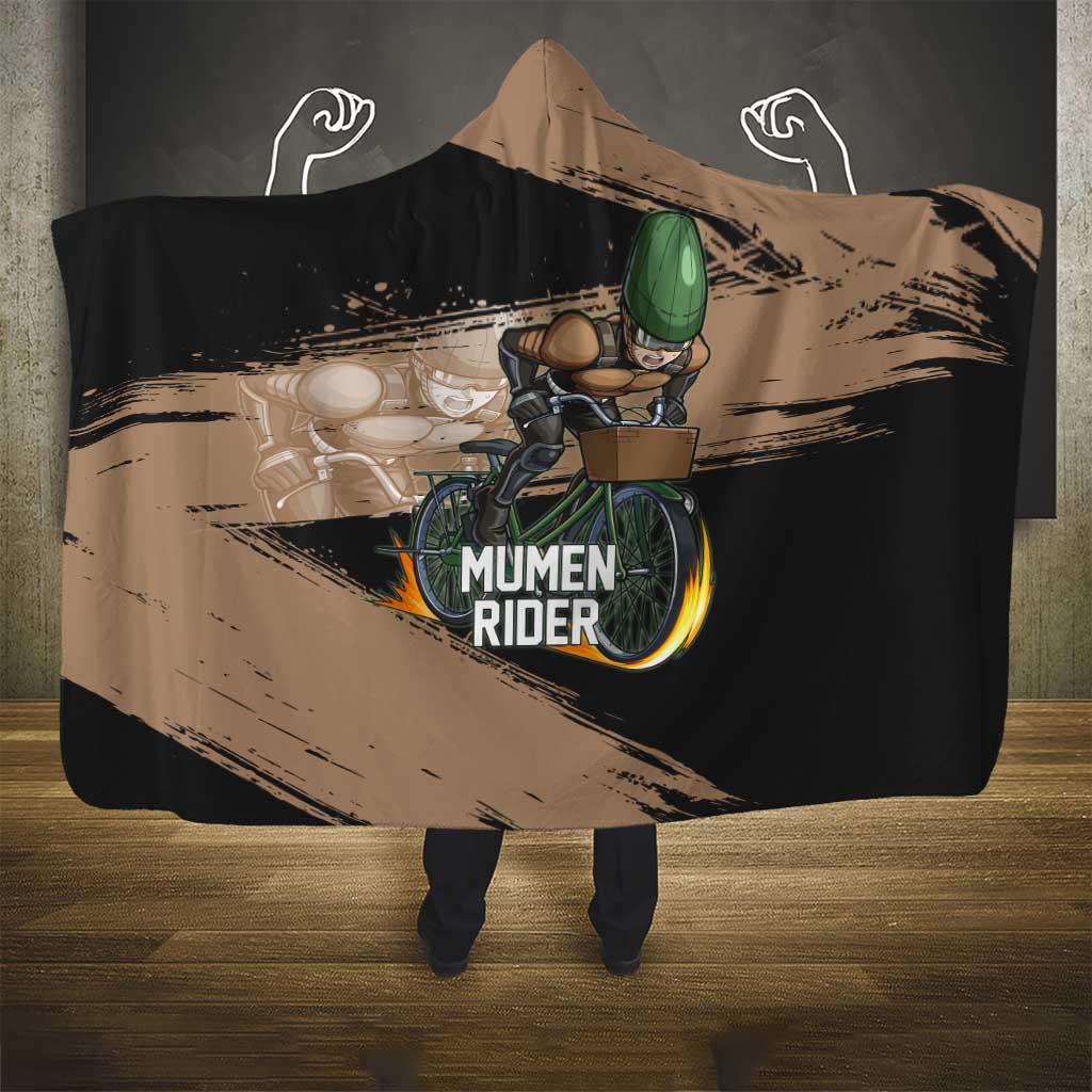 Mumen Rider One Punch Man Anime Brown and Black Hooded Blanket with Bicycle Hero Pose and Inspirational Determination Design - The Mazicc