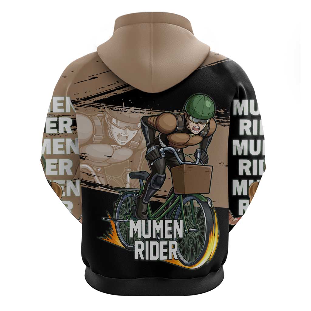 Mumen Rider One Punch Man Anime Brown and Black Hoodie with Bicycle Hero Pose and Inspirational Determination Design - The Mazicc