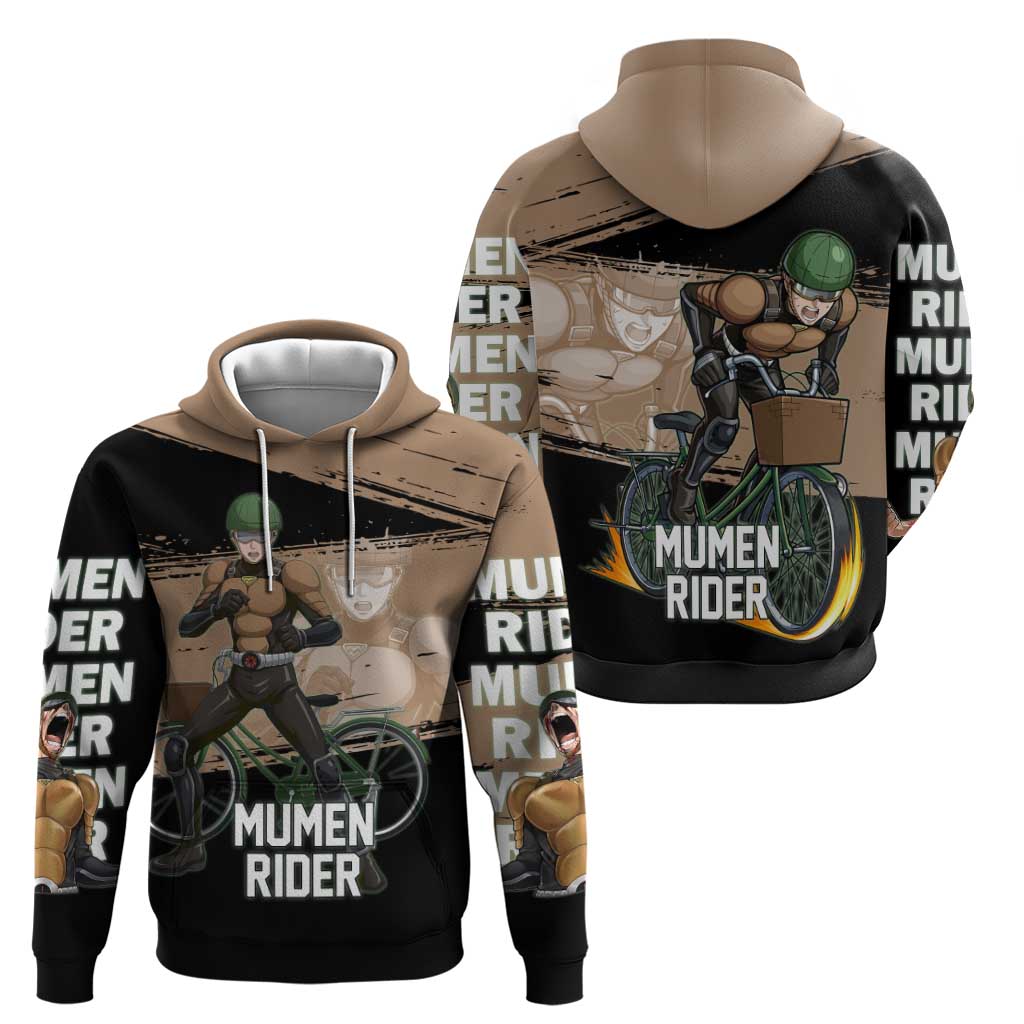 Mumen Rider One Punch Man Anime Brown and Black Hoodie with Bicycle Hero Pose and Inspirational Determination Design - The Mazicc