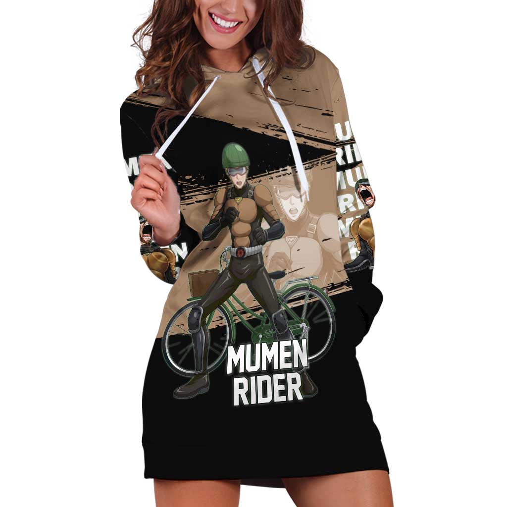 Mumen Rider One Punch Man Anime Brown and Black Hoodie Dress with Bicycle Hero Pose and Inspirational Determination Design - The Mazicc