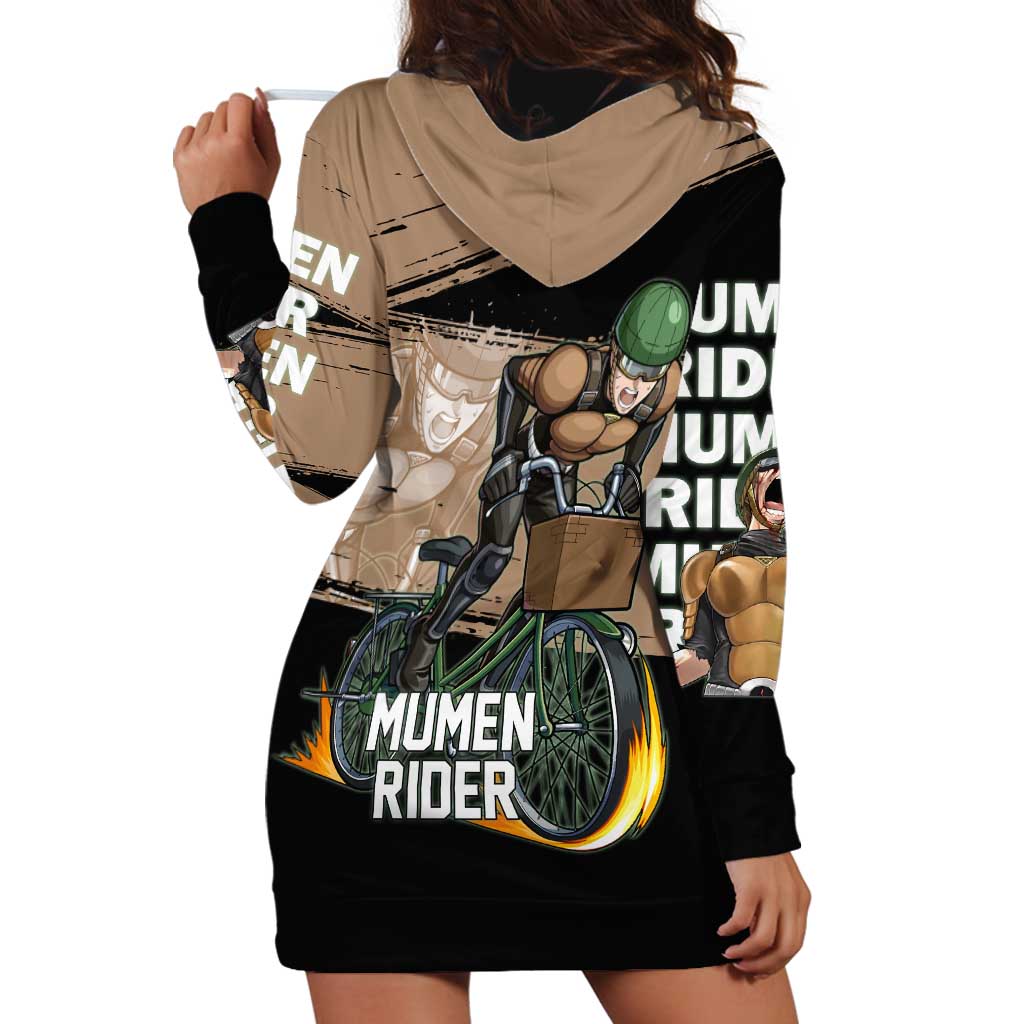 Mumen Rider One Punch Man Anime Brown and Black Hoodie Dress with Bicycle Hero Pose and Inspirational Determination Design - The Mazicc