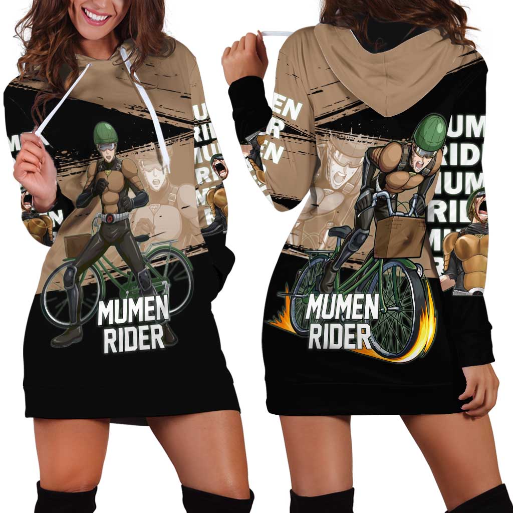 Mumen Rider One Punch Man Anime Brown and Black Hoodie Dress with Bicycle Hero Pose and Inspirational Determination Design - The Mazicc