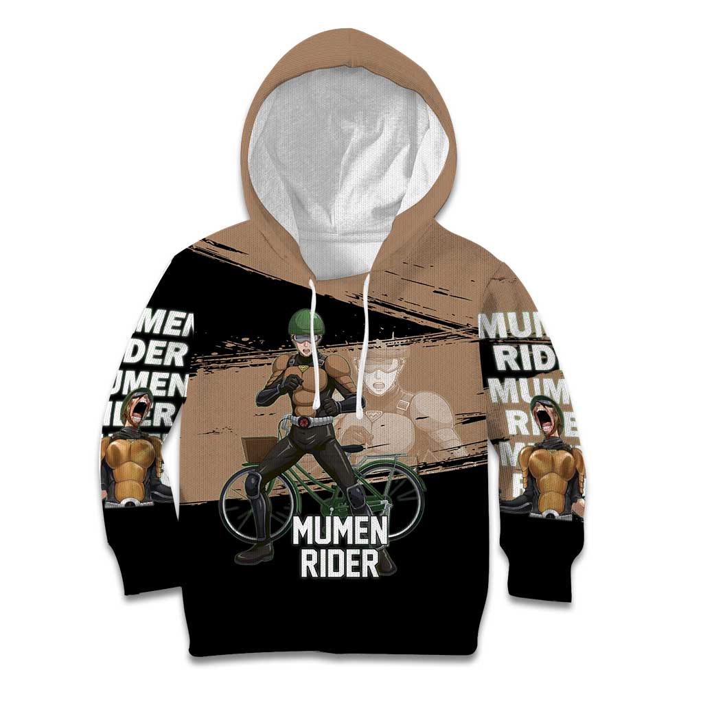 Mumen Rider One Punch Man Anime Brown and Black Kid Hoodie with Bicycle Hero Pose and Inspirational Determination Design - The Mazicc