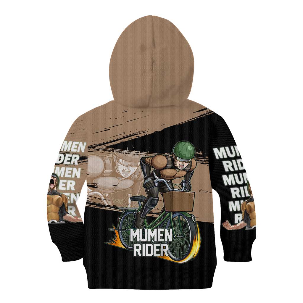 Mumen Rider One Punch Man Anime Brown and Black Kid Hoodie with Bicycle Hero Pose and Inspirational Determination Design - The Mazicc