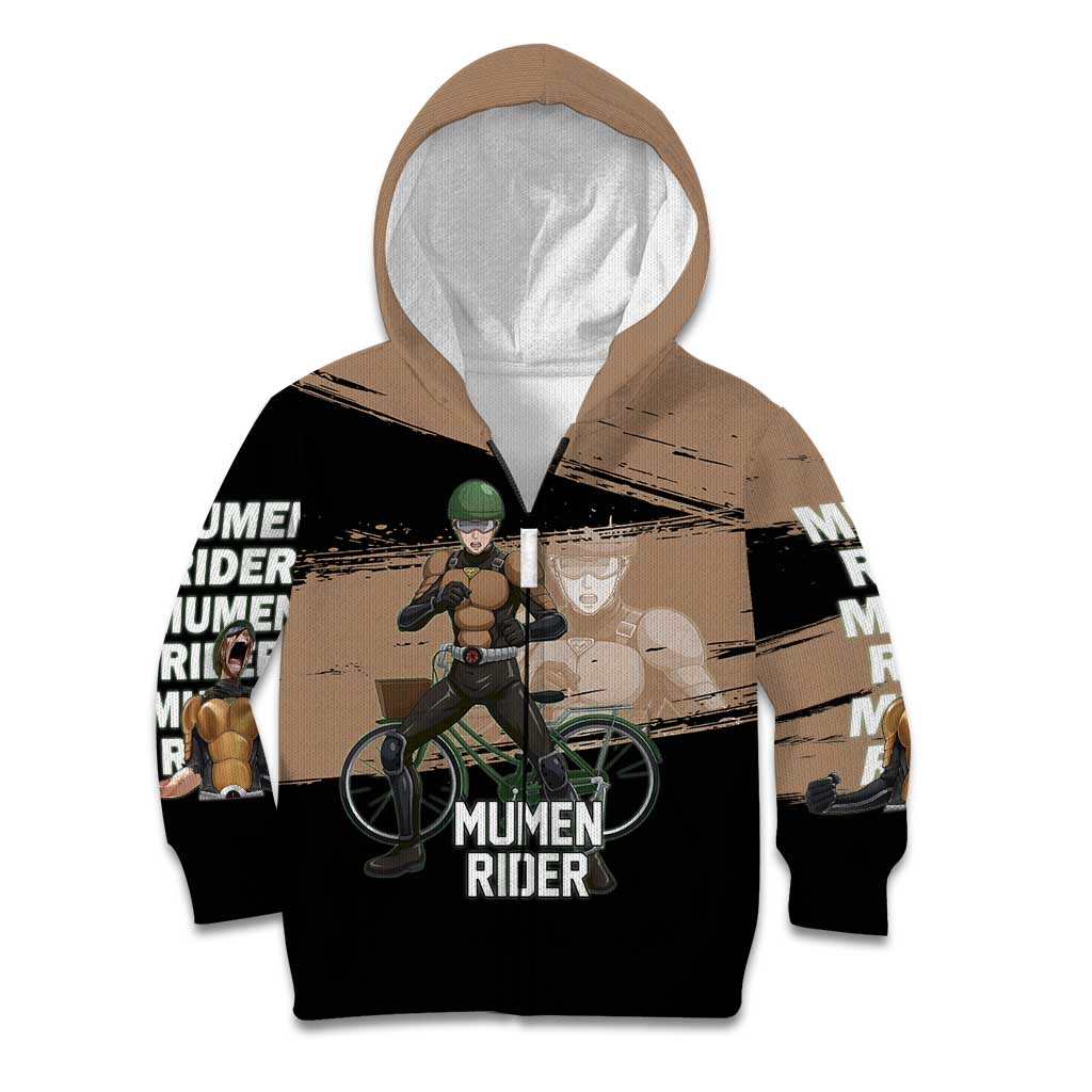 Mumen Rider One Punch Man Anime Brown and Black Kid Hoodie with Bicycle Hero Pose and Inspirational Determination Design - The Mazicc